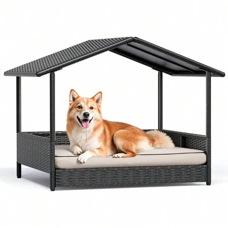 Casa de mimbre para perros pequeños/medianos, refugio elevado para perros de interior y exterior, cama para perros con cojín, para terraza, patio, jardín, piscina