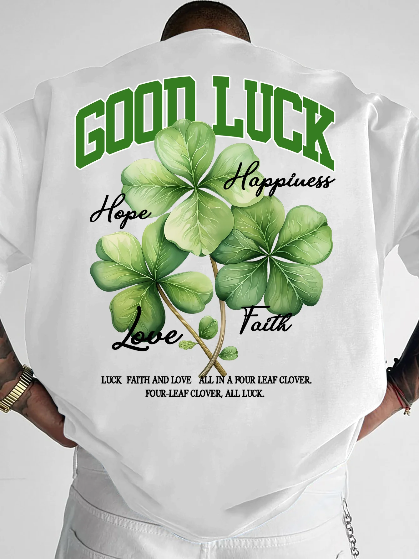 Men American Street Style Summer New T-shirt with Four-leaf Clover Pattern Loose Casual Fit Suitable Casual Daily Wear Versatile