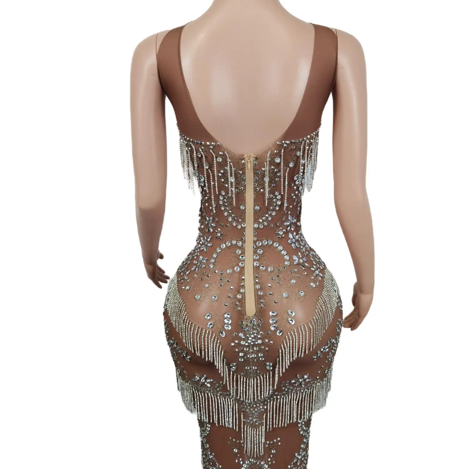 Frauen Glänzende Strass Kette Dance Kleid Sexy Mesh Perspektive Kristall Trikot Sänger Tänzer Bühne Tragen Nachtclub Party Kleid