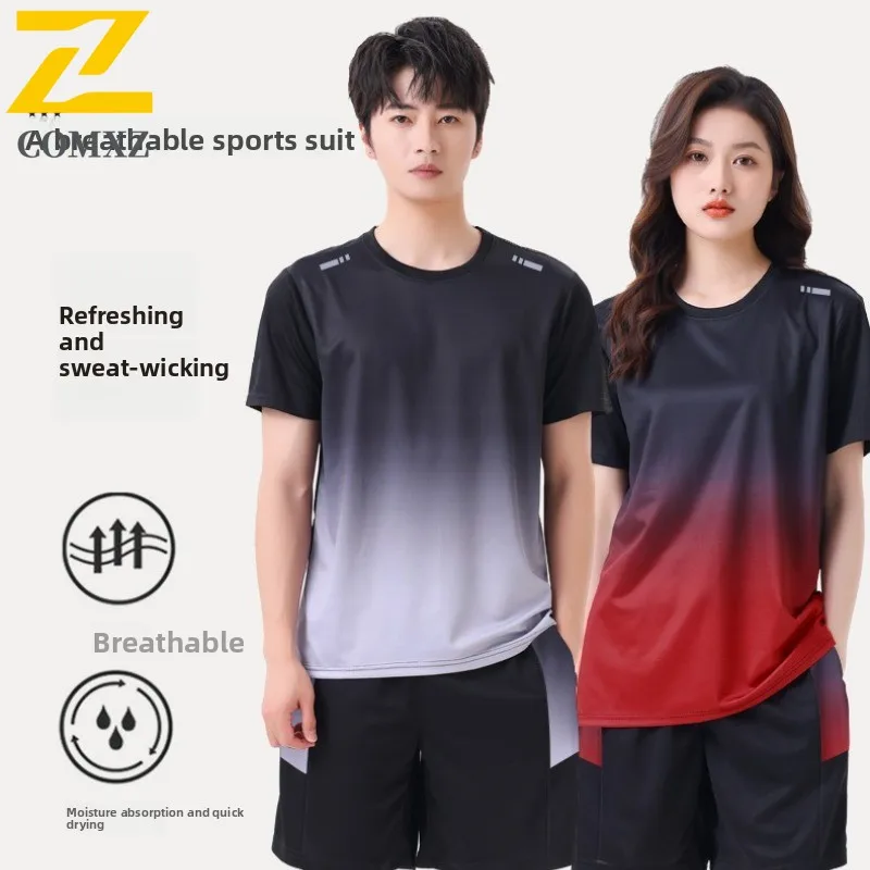 

2025Men Gradient Color Sport Set T-Shirt Shorts Running Outfit Summer Breathable Quick-Dry Windproof Casual Loose Fit Sportswear