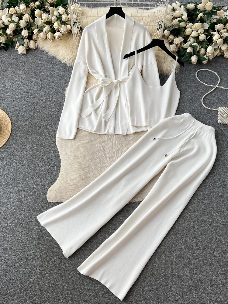 Autumn Knitted 3 Piece Set Women Loose Belt Cardigan+Tank Tops+Wide Legs Long Pants Female Korea Fashion Solid Sweater Suits New