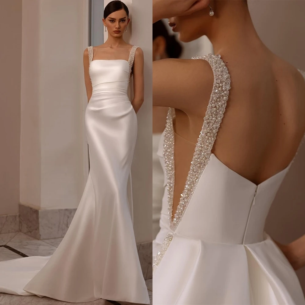 Customized Classic Satin Strapless Evening Dress Exquisite Mermaid Prom Dresses High Quality Pearls Special Occasion Gowns