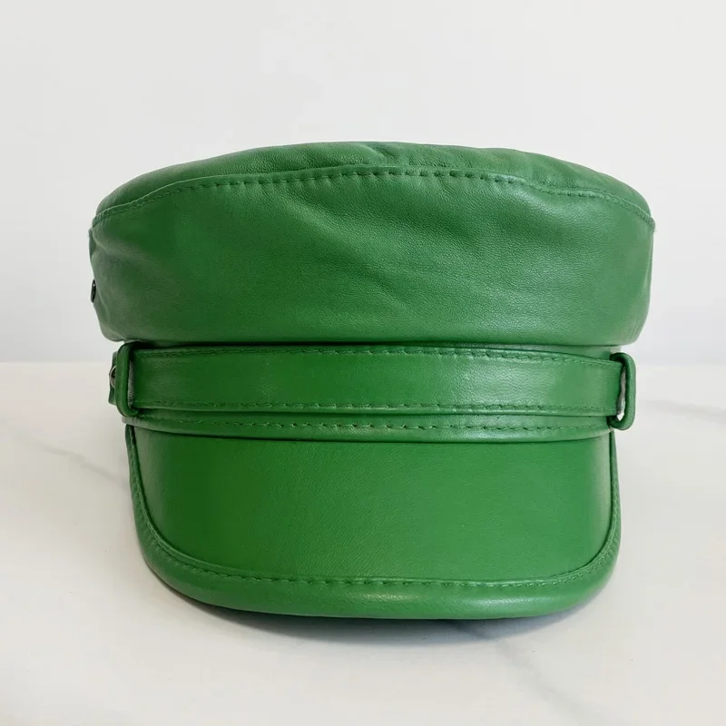 Casquette militaire verte en cuir véritable, chapeaux de marin pour femmes et hommes, chapeau de cadet de voyage à dessus plat, chapeau militaire en peau de mouton