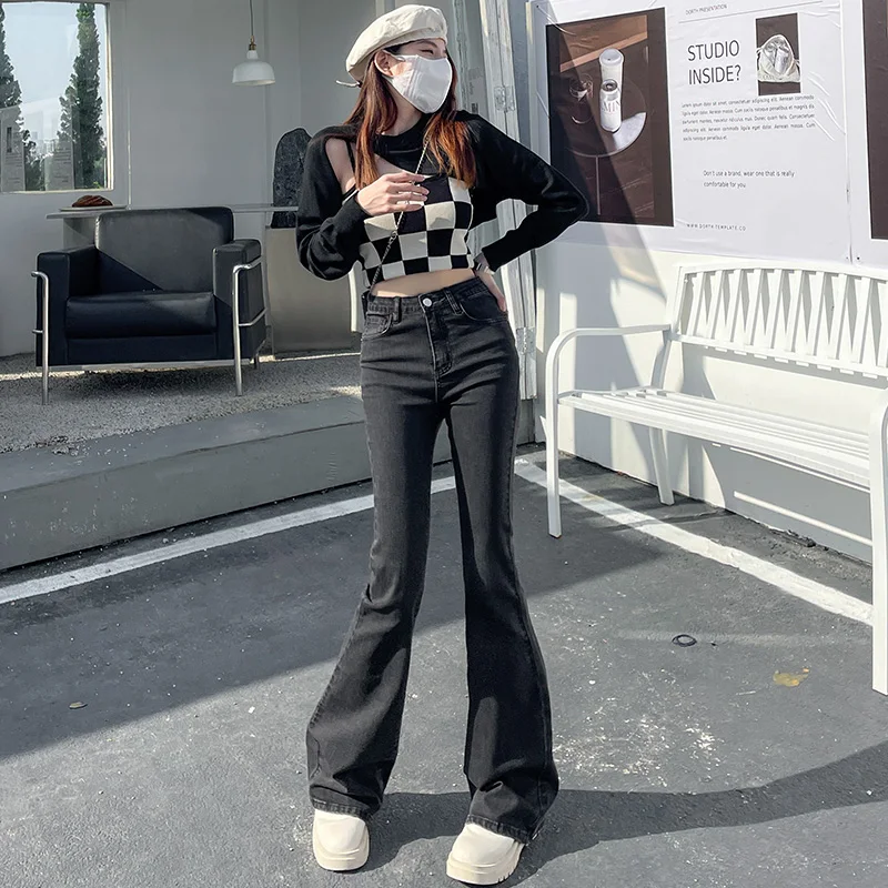 

Women's High Waist Flare Jeans 2026 New Summer Cotton Black Gray Stretch Denim Pants Slim Fit Bell Bottom Trousers