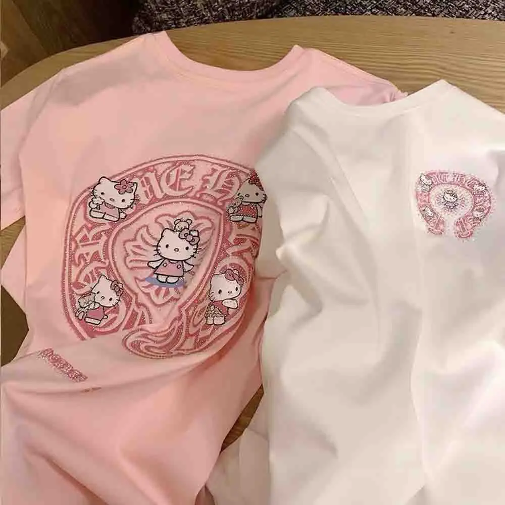Korean Version Hello Kittys Diamond Printed Women's T-Shirt Y2K Sanrio Girls Short Sleeve Fashion Loose Casual Tops Large Size - view 6