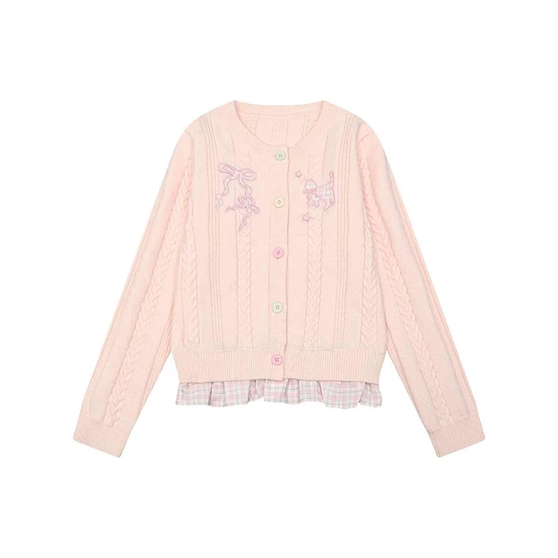 Women Cable Knit Cardigan Dog Bow Embroidery Sweater Contrast Button Crew Neck Blue Preppy Coquette Winter Top Coat