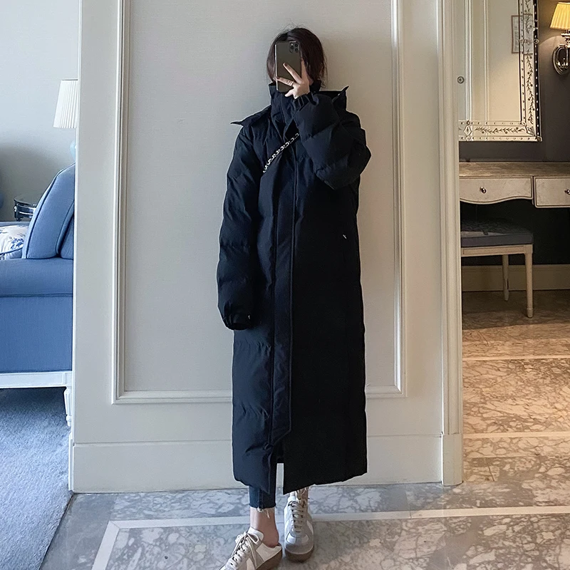黒ロングオーバーニー女性のダウンコットンジャケット肥厚学生コート冬のファッション通勤スタイルボタンジッパーピュアカラー
