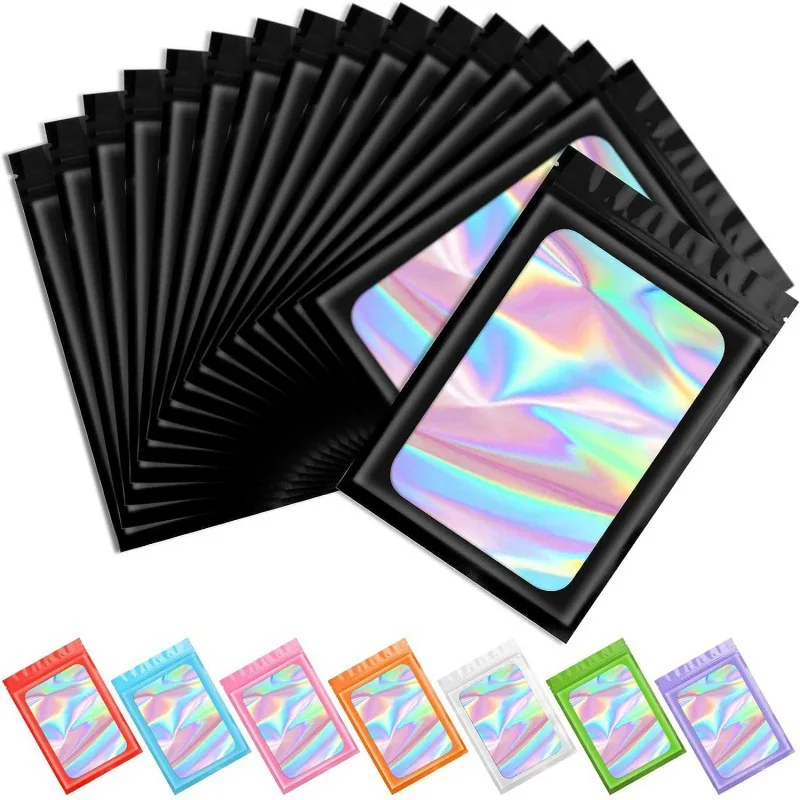 50pcs color Translucent Smell Proof Mylar Bags Resealable Odor Bags Holographic Packaging Pouch Bag with Clear Window for Food