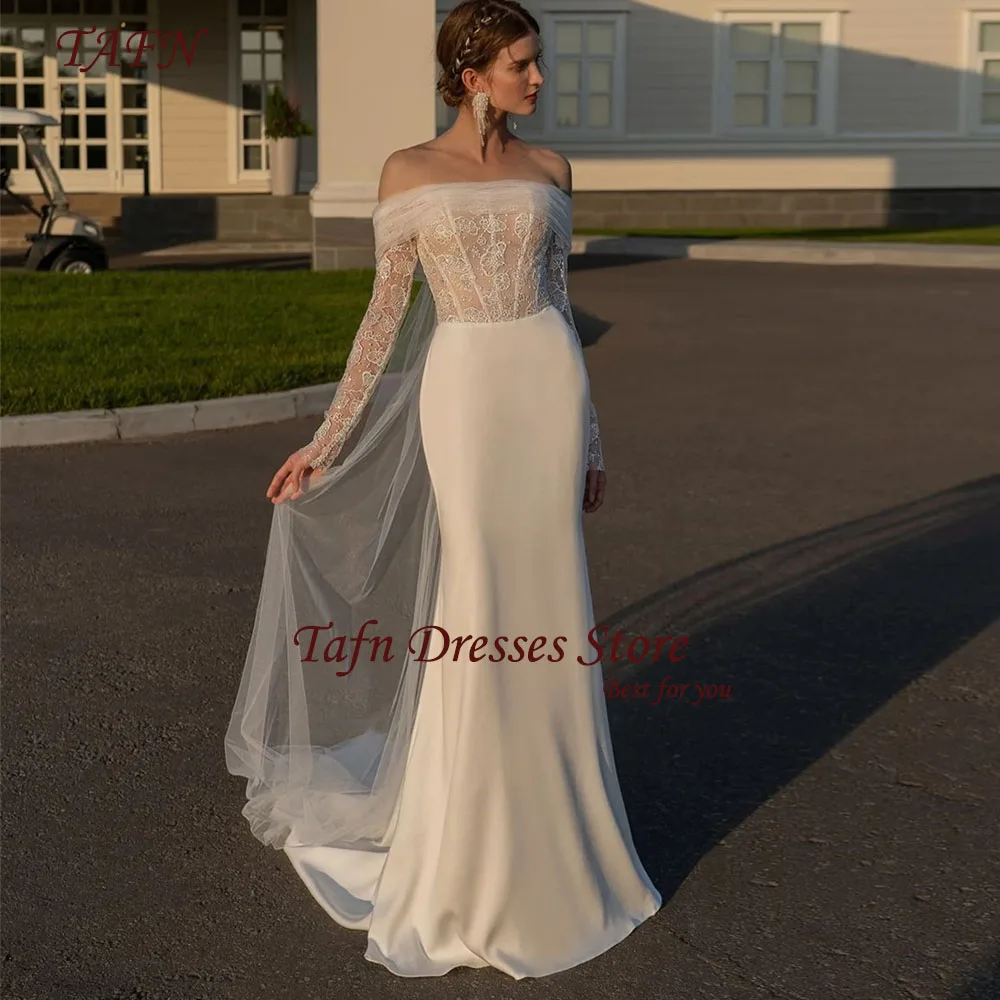 

TAFN Mermaid Wedding Dresses Off the Shoulder Long Sleeves Luxury Lace Bridal Gown Court Train Boat Neck vestidos de novia