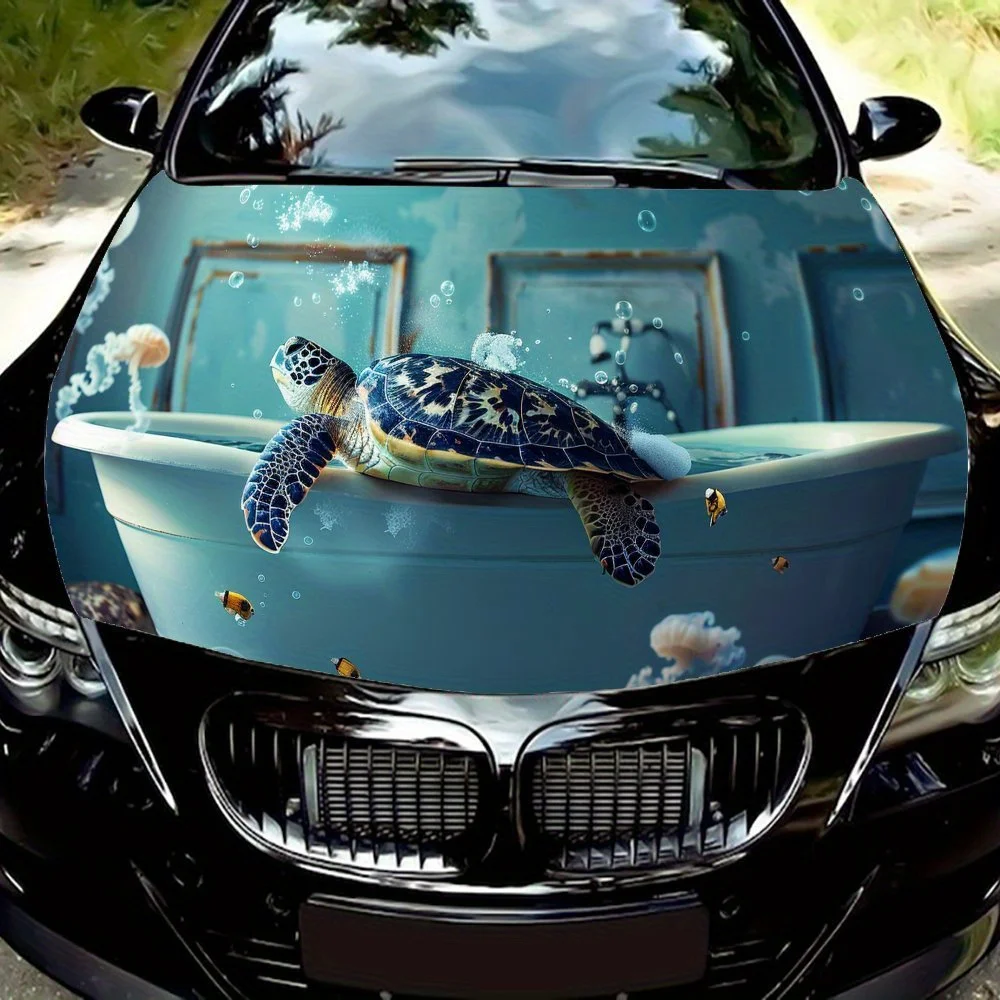 Sea Turtles Swimming in The Bathtub White Bubbles Car Hood Wrap Color Vinyl Sticker Truck Graphic Bonnet Auto Accessories Decora