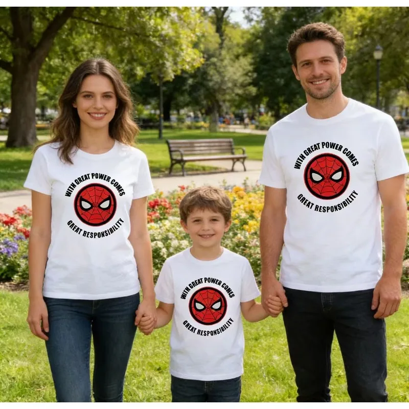 Marvel Spider Man Avatar Print Pattern Children's T-shirt Round Neck Pure Cotton Parent-child Casual Top Short Sleeved