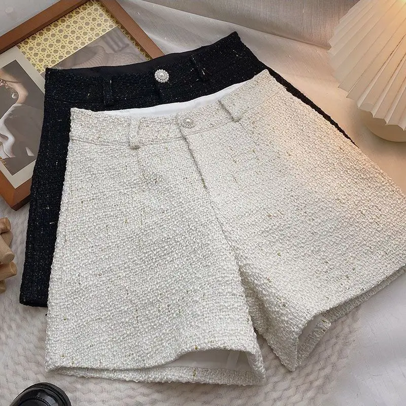 Solid Color High Waist Tweed Casual Shorts Women\'s Spring and Autumn New Korean Style Elegant Wide Leg Pants