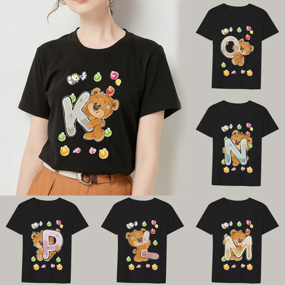 

Black Tshirt Women's Casual Top Cartoon Bear 26 English Initial Name Printed Series O-Neck Ladies Slim Commuter Short Sleeve Top