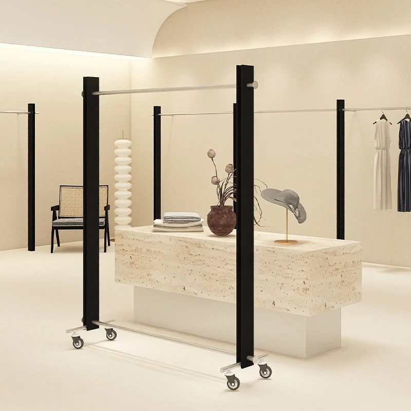 Clothing Store Display Rack with Wheels Removable Black Simple Stainless Steel Floor-to-ceiling Zhongdao Clothes