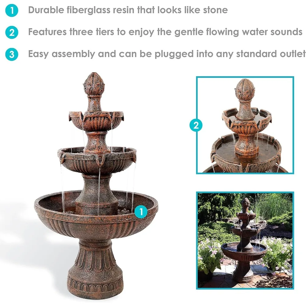 Flower Blossom 43-Inch 3-Tier Outdoor Fiberglass Resin Water Fountain - Electric Submersible Pump - Earth Finish