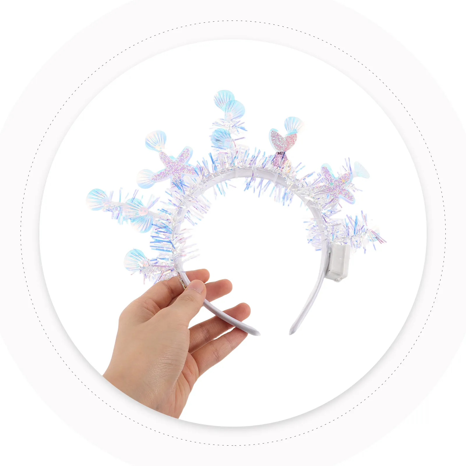 

Iridescent Mermaid Crown Headpiece with Shell Accents and Foil Tinsel Glow Feature for Childrens Beach Pool Party Photo Booth