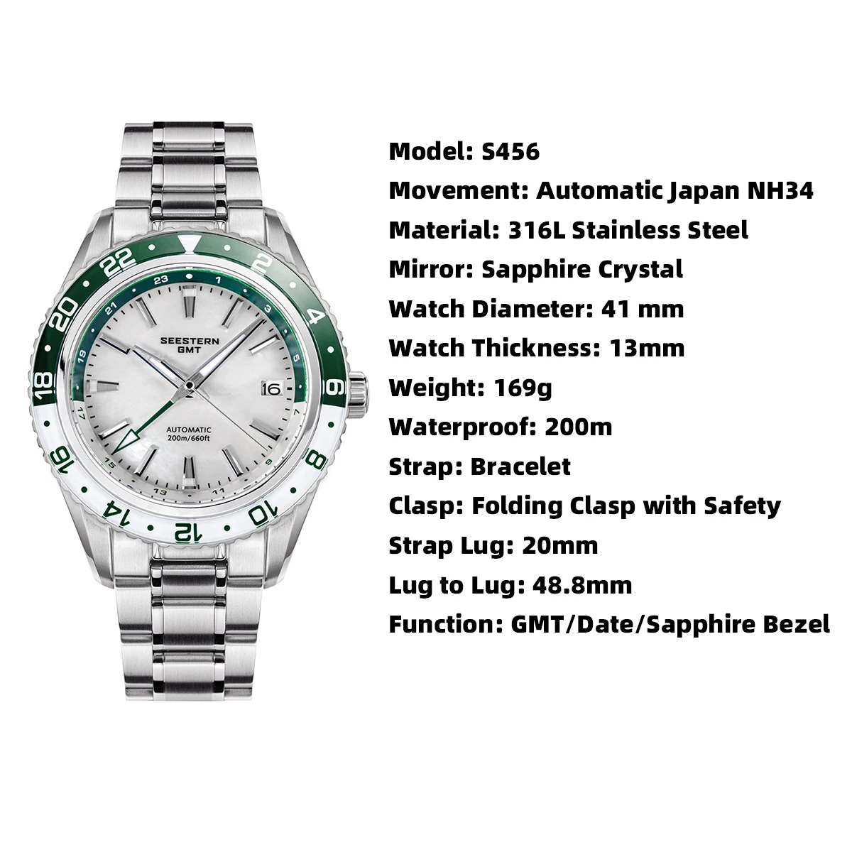 New GMT Automatic Mechanical Men Waterproof WristWatches Diving Japan NH34 Movement Sapphire Crystal Luminous Glass Bezel S456