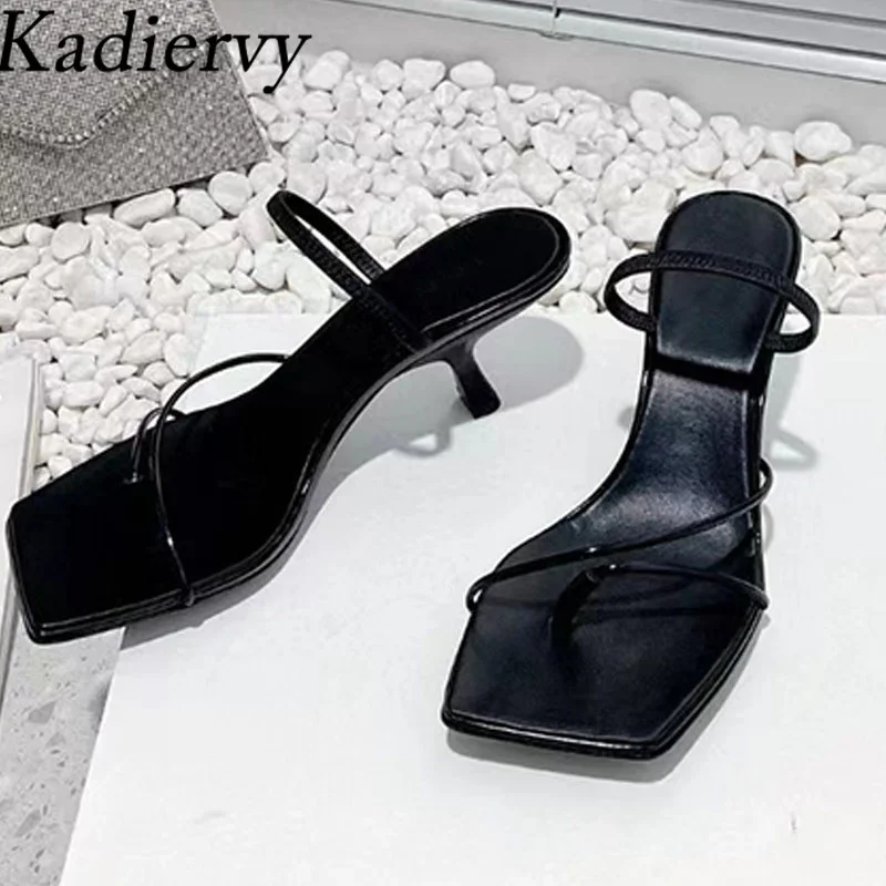 

Summer Kitten Heels Slippers Woman Genuine Leather Narrow Band Sandals Flip Flops Party Shoes High Heels Slippers For Women