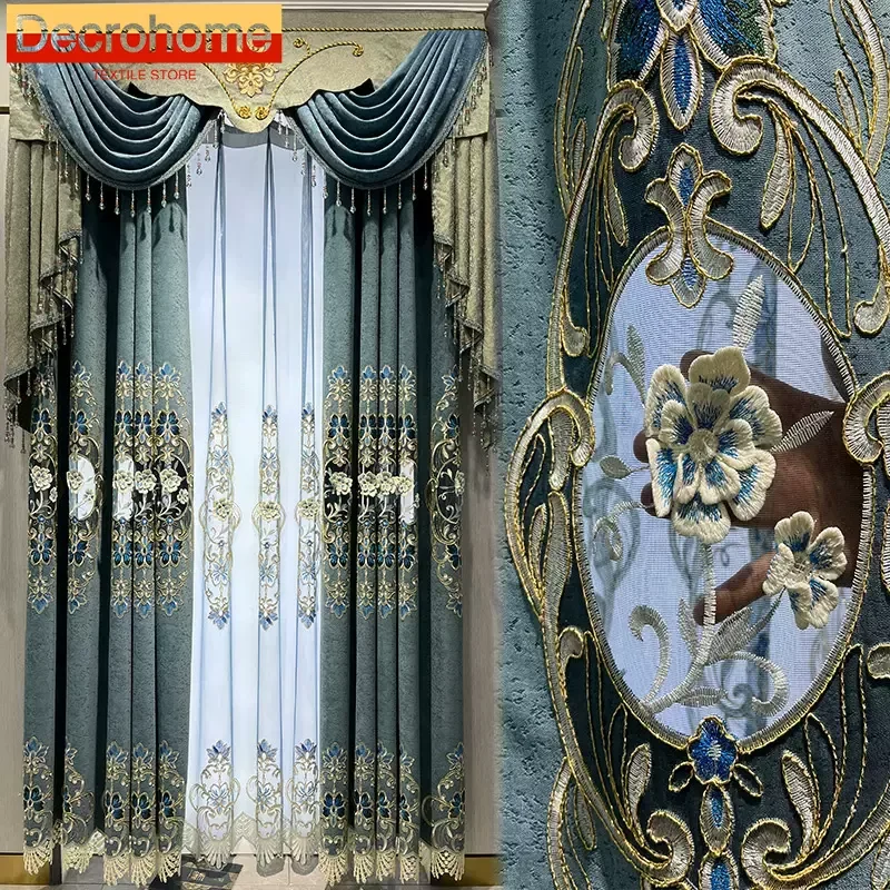 

Customized Blue Gray Cashmere Hollowed Out Embroidered Window Screen Thickened Curtains for Living Room Bedroom French Window