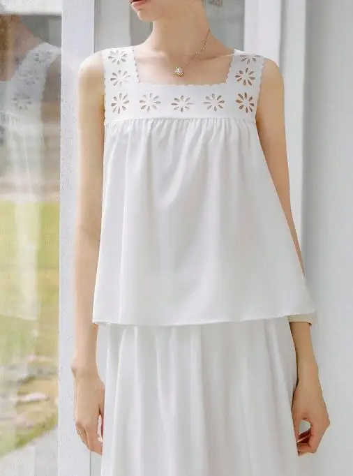Summer Elegant Square Neck Hollowed Out Floral Vest and Straight Skirt Set for Women, Elegant Solid Color Casual 2-Piece Set