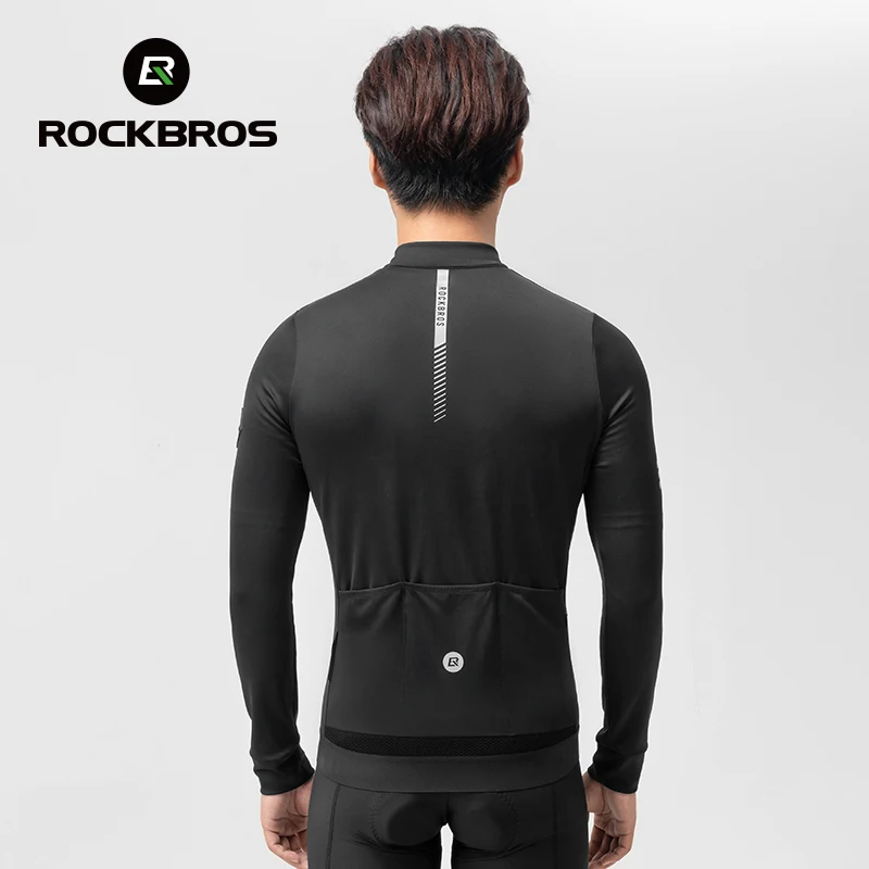 ROCKBROS Autumn Winter Cycling Jersey Windproof Warm Fleece Thermal Jersey Elastic Close Fit Outdoor Sports Men Cycling Clothing