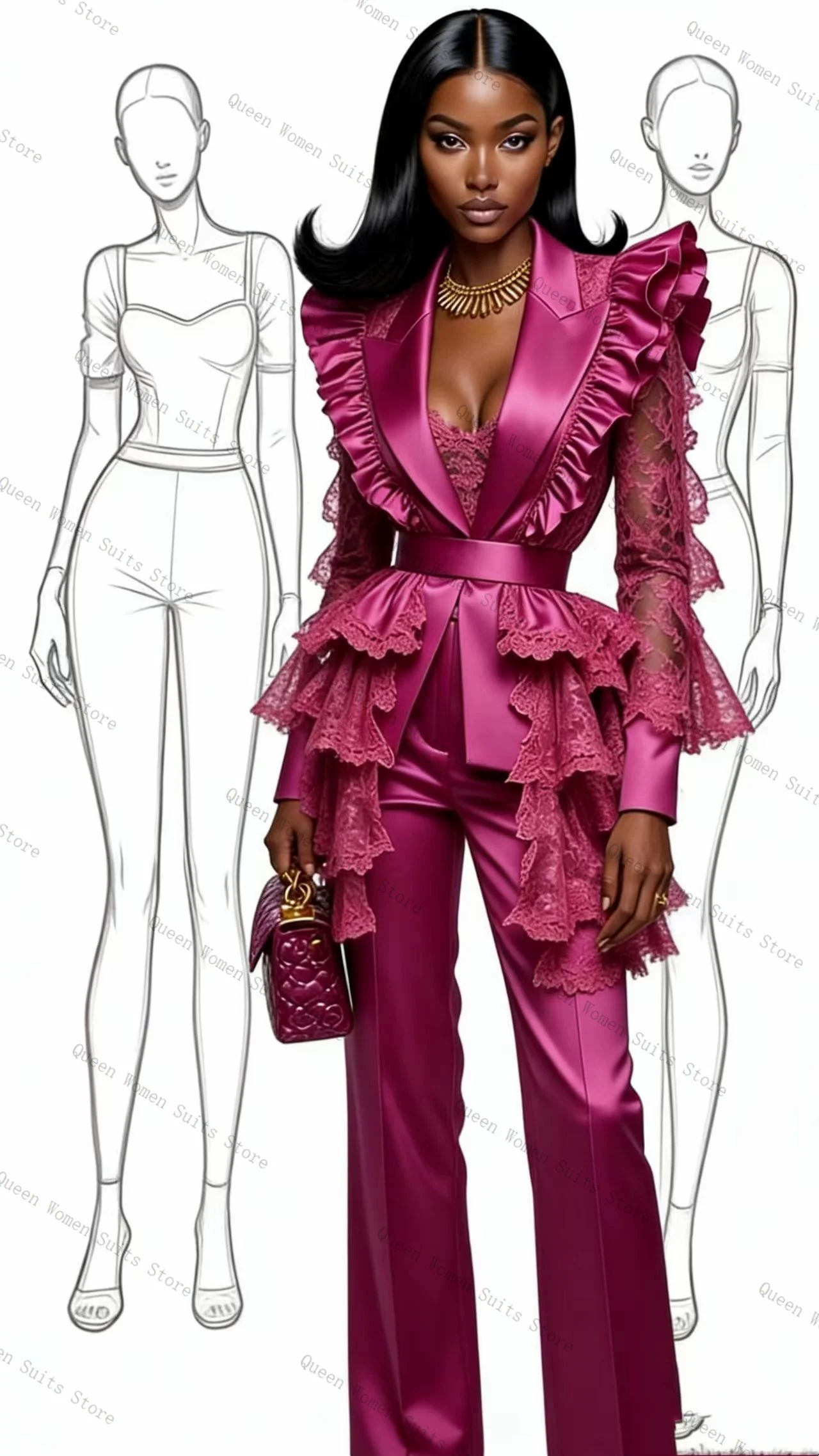 

Pink Satin Lace Women Suit Pants Set 2 Pcs Blazer+Straight Trousers Prom Formal Office Lady Jacket Wedding Coat Customized