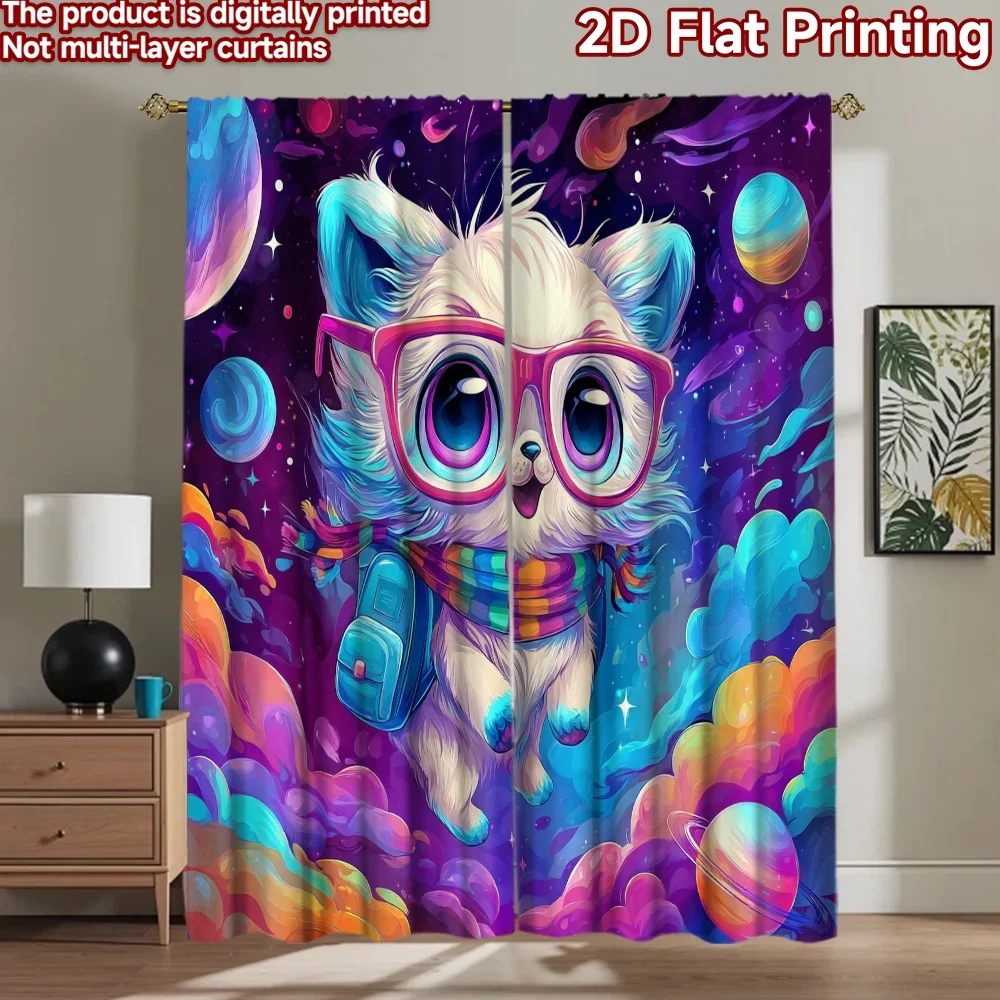 2D flat printing 2pcs Curtains Cute Space Fox Cartoon Digital Printed Polyester Drapes Birthday Party Use for Booths Studio