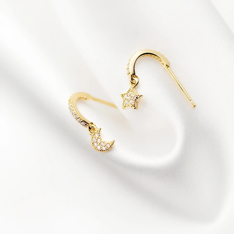 925 Sterling Silver Zircon Mini Lovely Moon Star Fine Jewelry Luxury Female Earrings EA304
