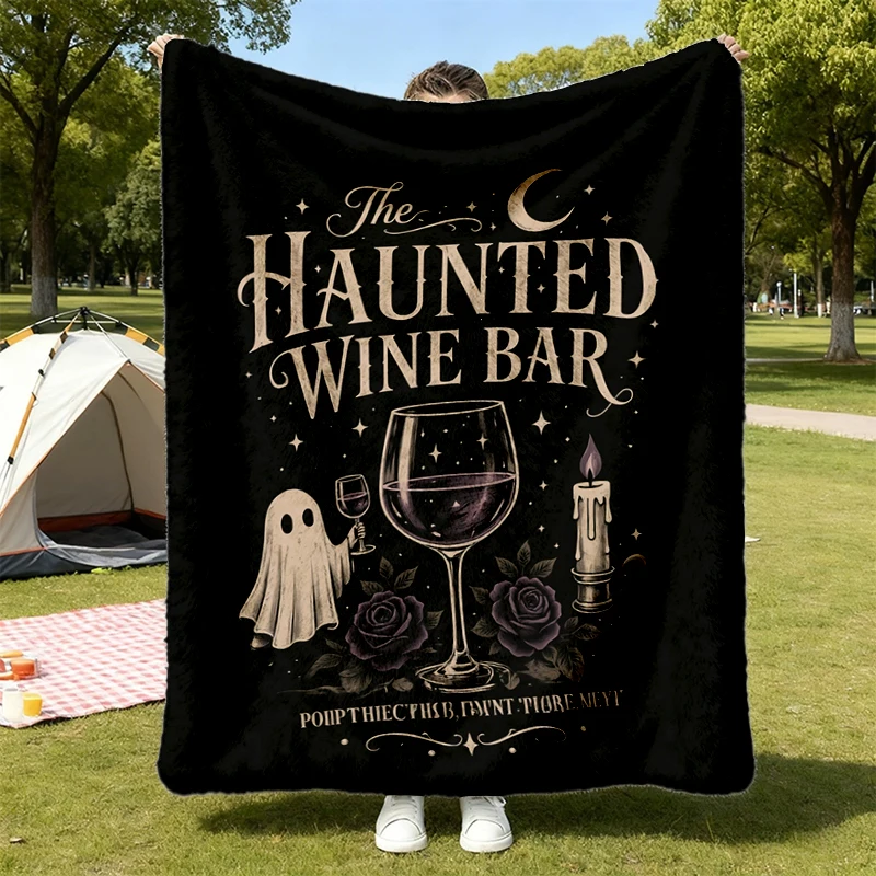 Haunted Wine Bar Comfy Blanket, Halloween Flannel Blanket, Spooky Wine Flannel Throw, Ghost Wine Bar Warm Blanket for Wa