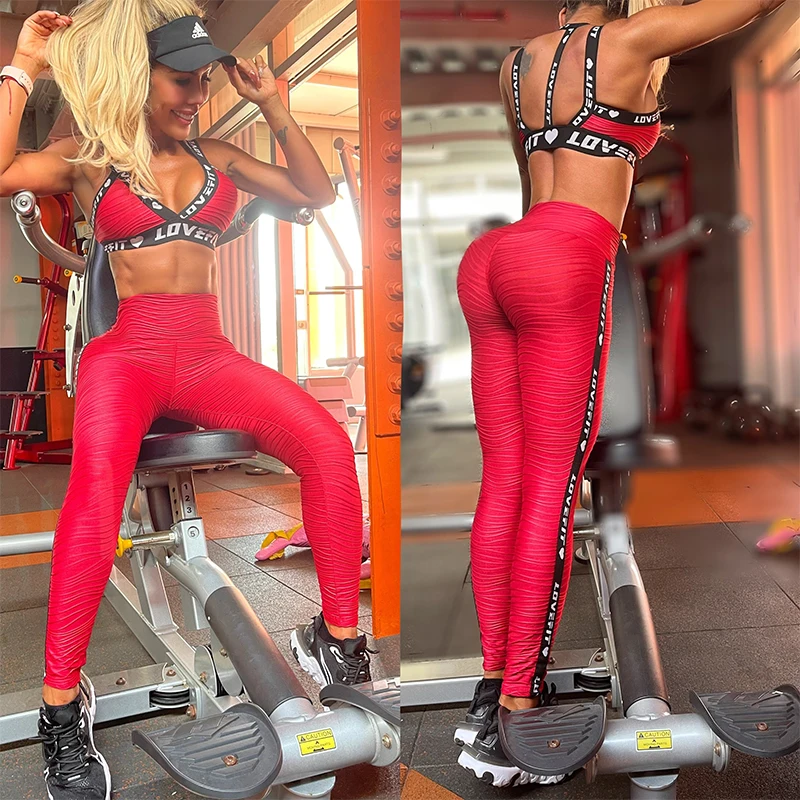 Uoozze 2024 New Women Fashion Hollow Letter Printed V-Neck Bra & High Waist Leggings Pants Sports Yoga Skinny Two Pieces Set