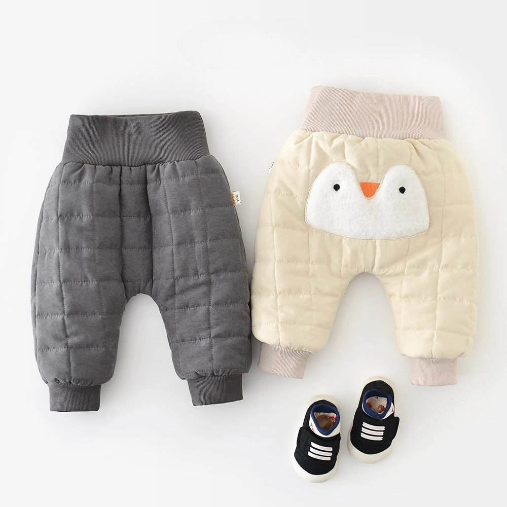جديد الشتاء الطفل السراويل 0-3T الكرتون البطريق الفتيان الرضع الصوف مبطن السراويل طفل الفتيات مرونة الخصر بناطيل تدفئة