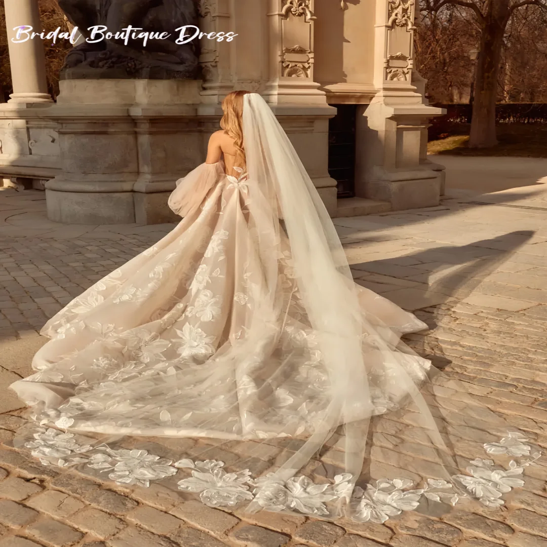 Robe de mariée trapèze élégante personnalisée, manches bouffantes, traîne Court, dentelle brodée, robe de soirée de mariage, robe de bal