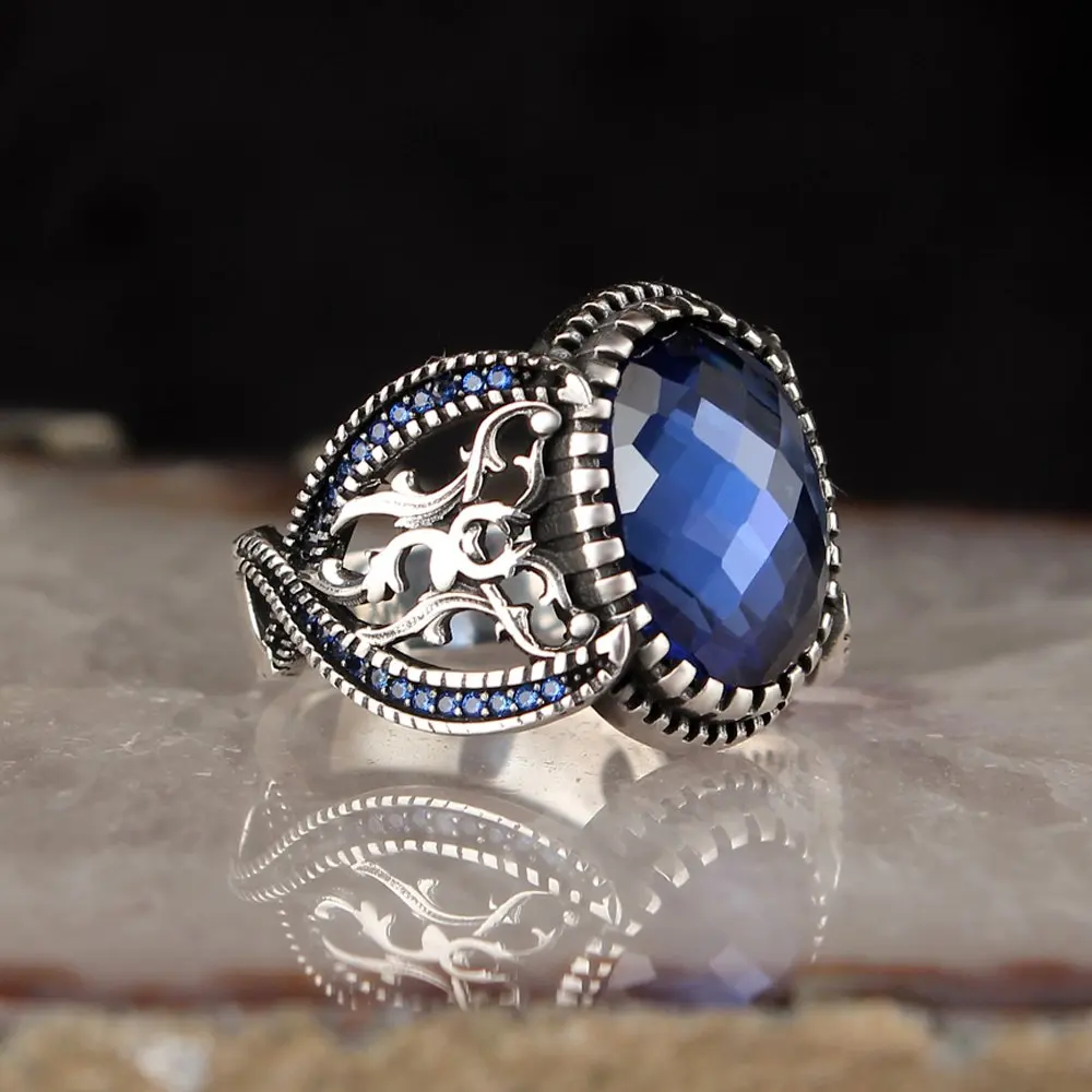 

925 Sterling Silver with zircon Men Ring, Black, Blue, Green Zircon, Gift Jewelry, Vintage, real Natural Stone Made in Turkey Fashion