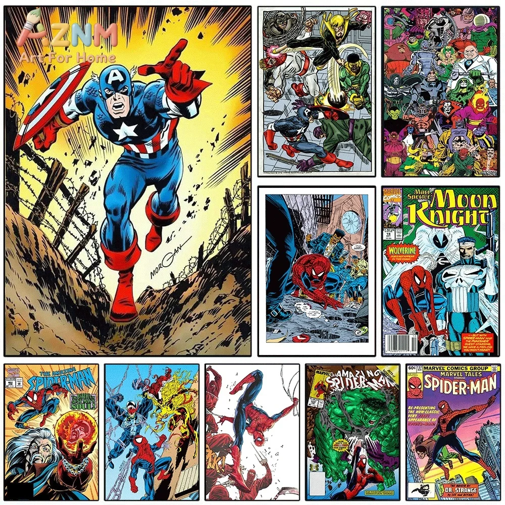 Cuadro de Lona Vintage del Capitán América, Superhéroe de Cómics, Arte de Pared Retro, Póster Impreso de Personaje de Marvel, Cuadro de Lona Sin Marco para Niños