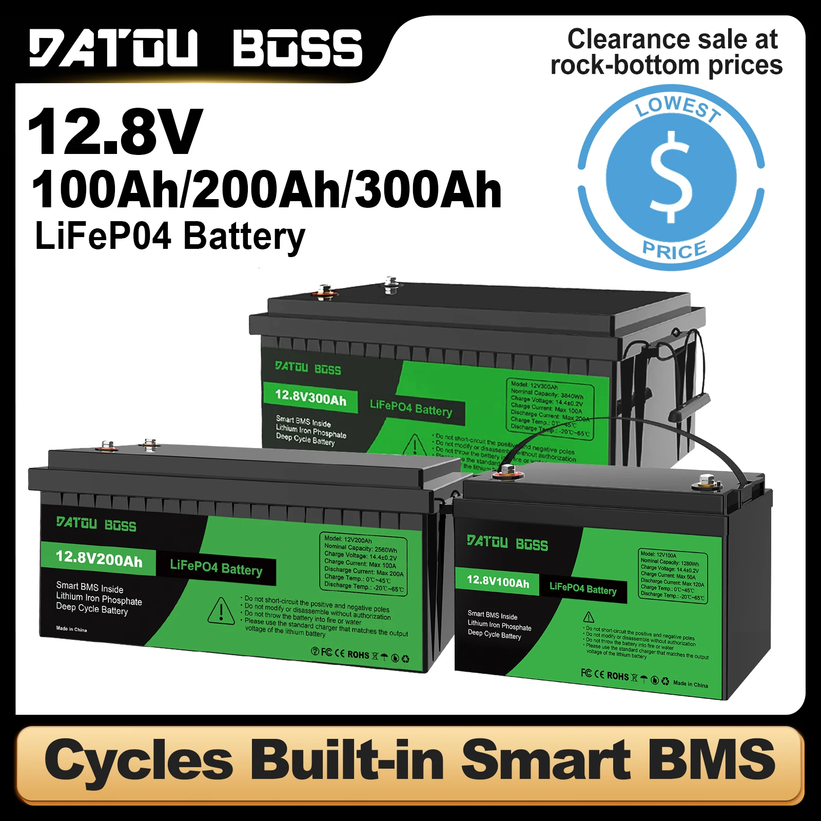

DATOUBOSS 12V 100AH 200AH 300AH LiFePO4 Lithium Battery Ultra-Fast Charge Continuous Discharge Built-in BMS for Solar RV