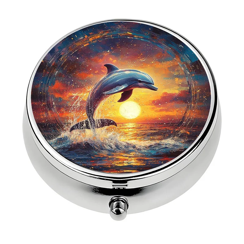 1 metal 3-compartment pill box with dolphin and sunset design - blue and gold pill organizer, portable mini pill box, ocean-themed capsule box (wallet) - an ideal Christmas gift for ocean lovers