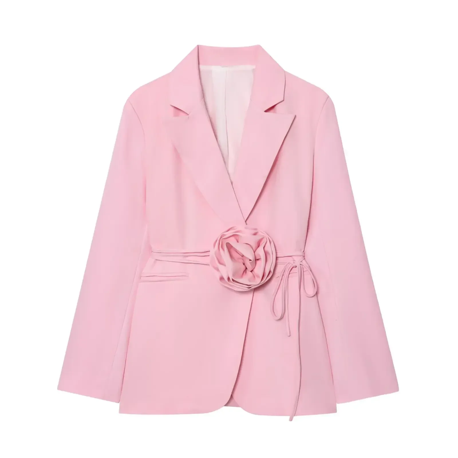 New Women's Casual Chic Blazer Flower Decoration Belt Lace-up Long Sleeve Blazer Fashion Autumn Office Lady Loose Blazers