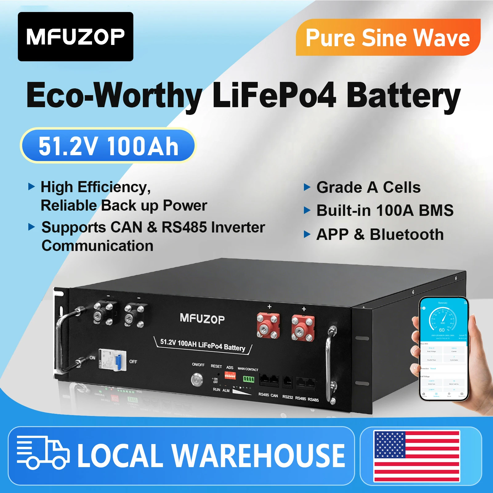 MFUZOP 51.2V 100Ah Rack Mount LiFePO4 Battery Grade‑A Cells Built‑in BMS CAN RS485 Bluetooth APP For Home Solar Energy Storage