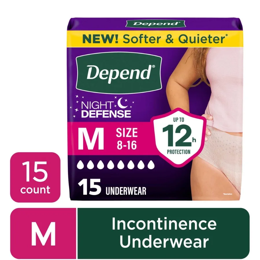 

Night Defense Incontinence Underwear for Women, Adult Diapers, M, 15 Count