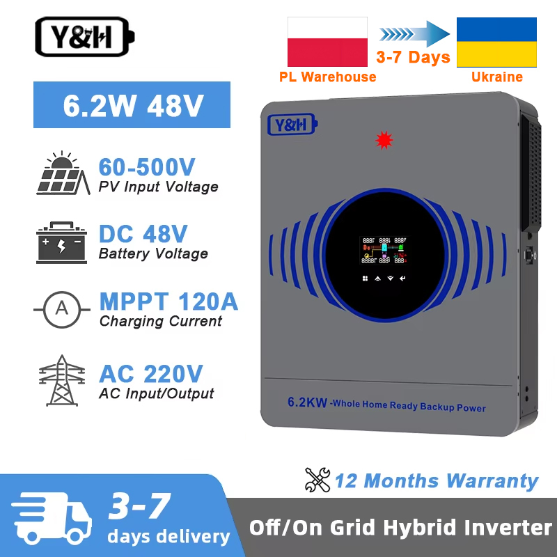  Y&H 4200W 6200W Hybrid Solar Inverter 24V 48V DC to 220V AC Pure Sine Wave Off/On Grid Solar Inverter Battery Free Operation with 120A MPPT Solar Charger Home Energy System LiFePO4 Battery WiFi Optional, Fast Delivery from Poland Warehouse to Ukra…