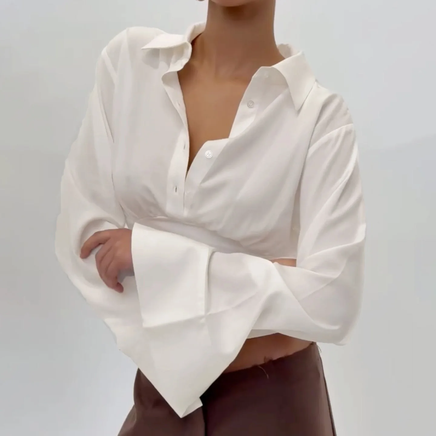 Wit overhemd met knopen en knopen voor dames - Sexy afslankende taille-kalkende blouse met lange mouwen voor Y2K trendy dagelijks en feestkleding