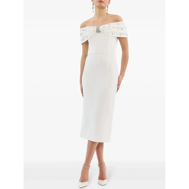 

VC Black & White Slash Neck Off The Shoulder Midi Dress Diamond Beaded Embellished Back Zipper Party Cocktail Dress Vestidos