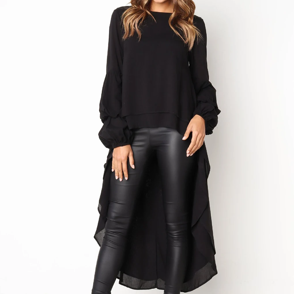 Femmes Peplum volants haut irrégulier chemisier fille trompette manches t-shirt pull robe longue