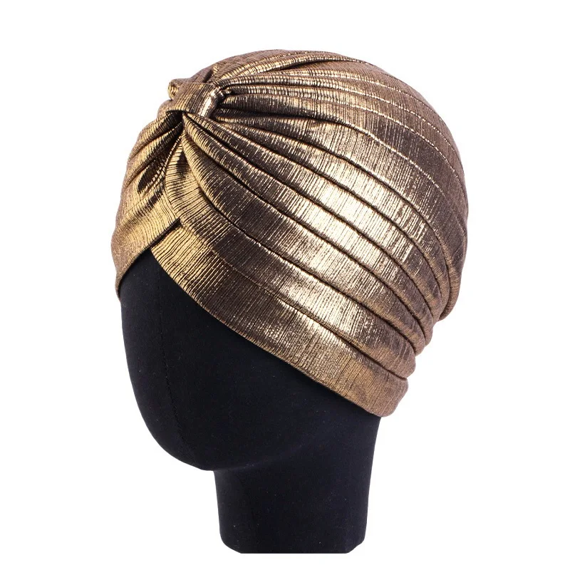 New Women\'s Metallic Pleated Knot Turban Hat Retro Ethnic Hat Elastic Head Wrap Shiny Beanies Head Scarf Bonnet Chemo Cap