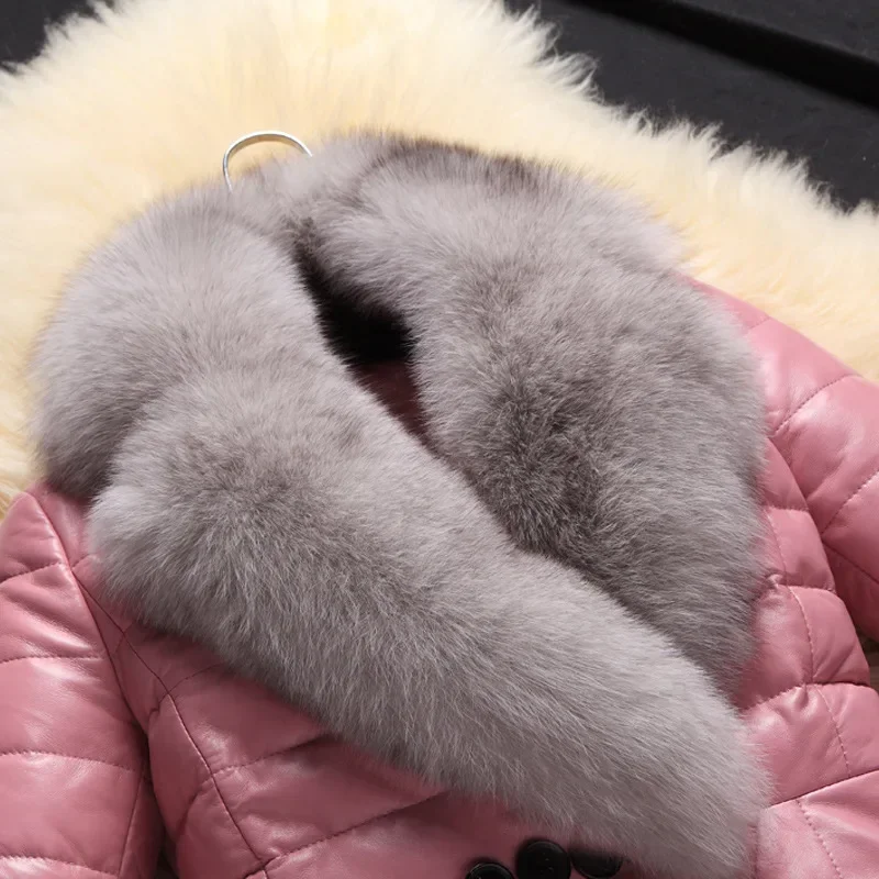 2024 100% Real Sheepskin Coat Female Winter Natural Fox Fur Pink Duck Down Jacket Women Korean Genuine Leather Jacket Coats 1928