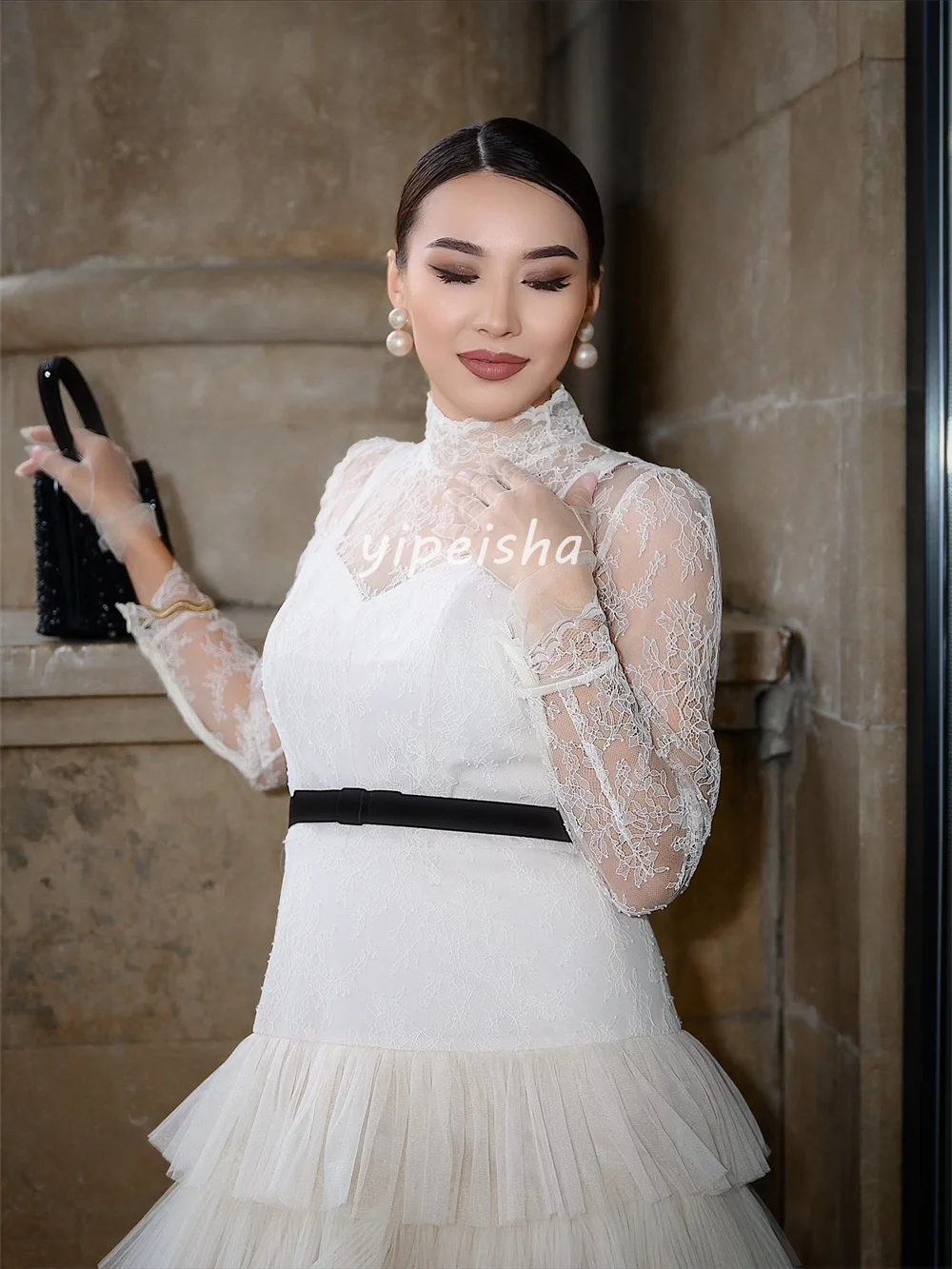 تخصيص مطابقة رائعة تول الطية المتدرج وشاح الدانتيل ألف خط عالية الياقة فساتين طويلة مخصصة فساتين المناسبات الموضة