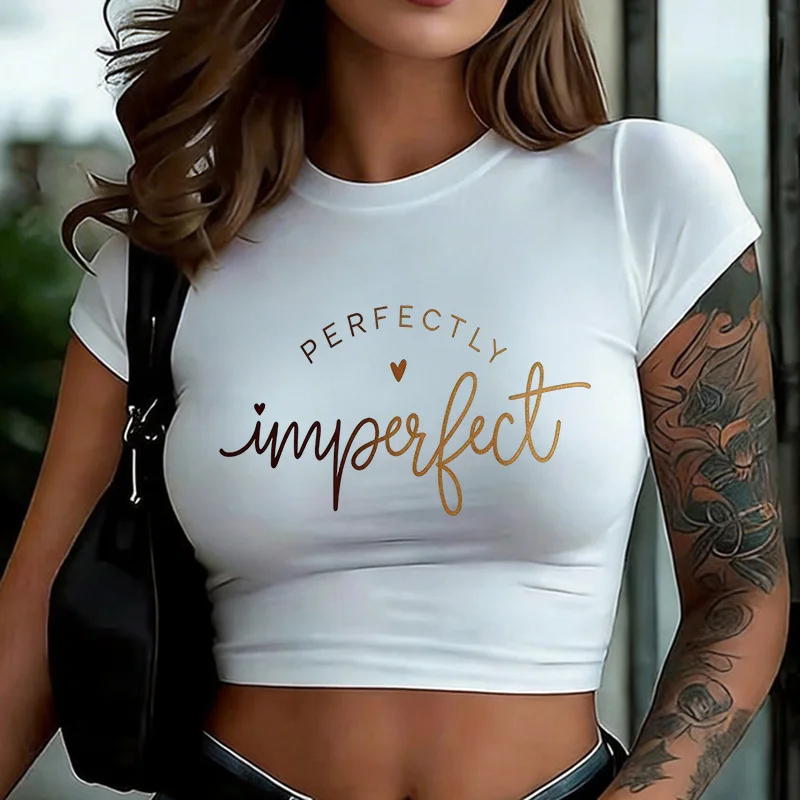 2000s Letter Perfectly Imperfect and Heart Printed Crop Tops Women's Summer Graphic T-shirt 90s Gothic Y2k Cropped T Shirt Girls
