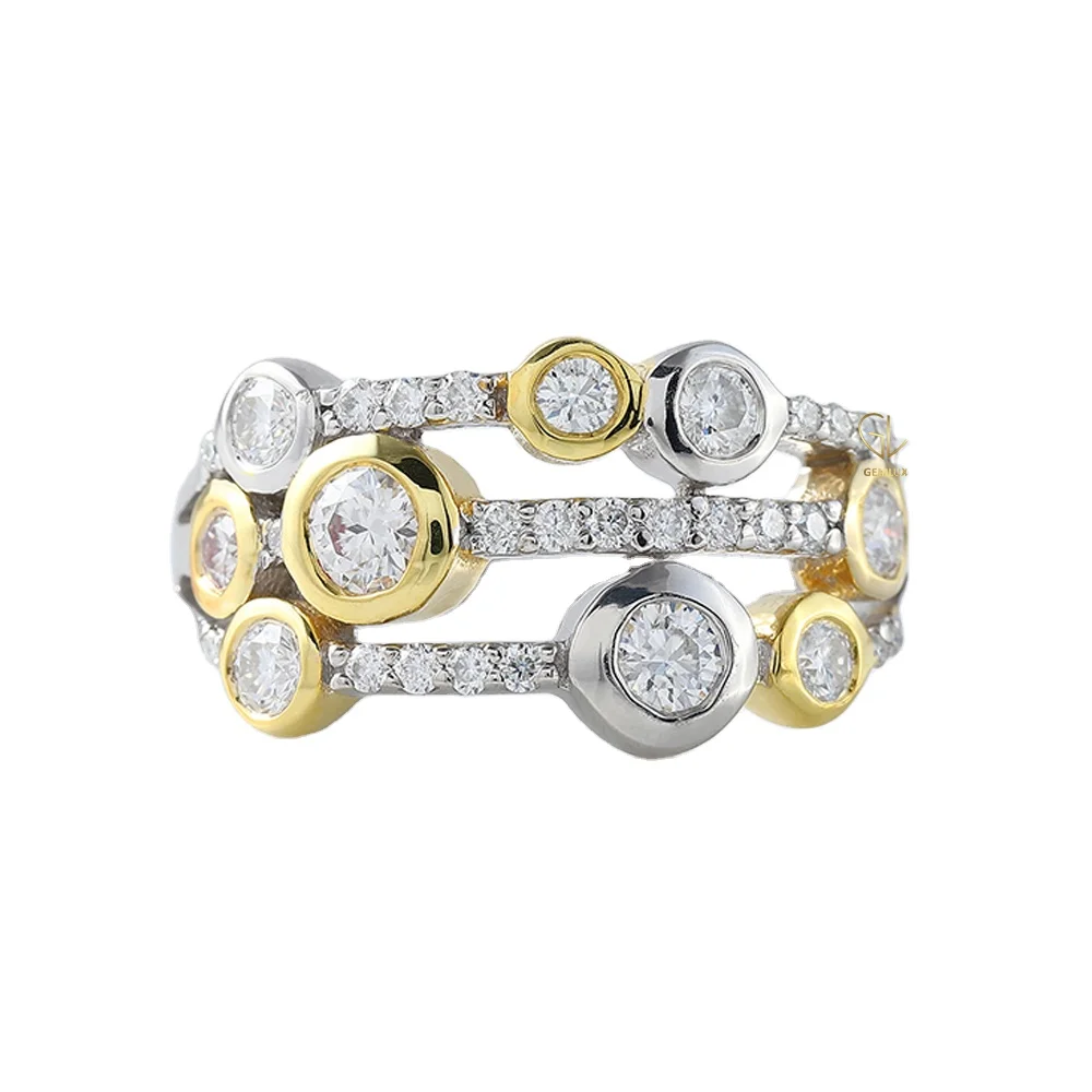 

New Design D VVS Moissanite Diamond Framed Set Bubble Ring, 14k White Gold Three-Row Bubble Two-Tone Ring