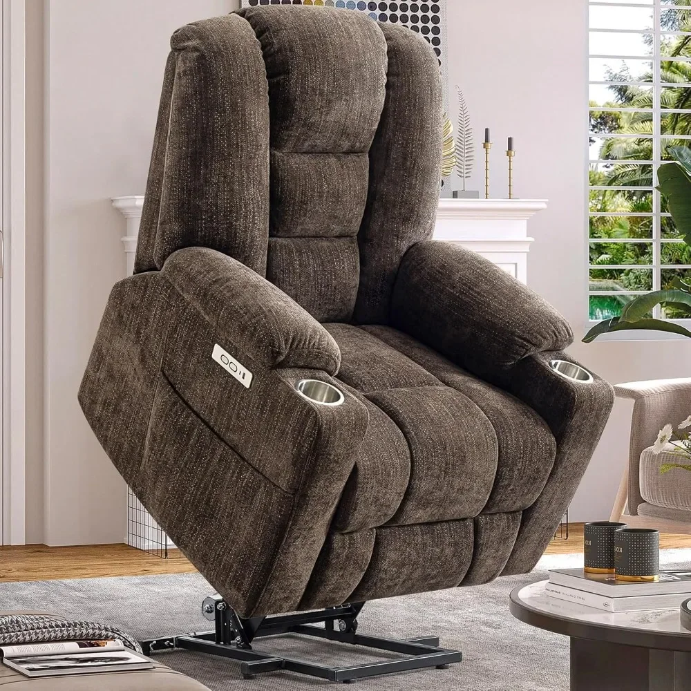 Power Lift Recliner Chair with Heated and Massage, Upgraded Chenille Fabric Lift Chairs w/ 2 Side Pockets & 2 Metal Cup Holders