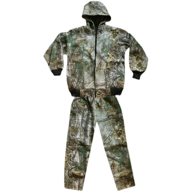 Winter Fleece Tree Camo Hunting Fishing Suit Thicken Cotton Warm Bionic Camouflage Hooded Jacket Pants Agriculture Cosplay Suit